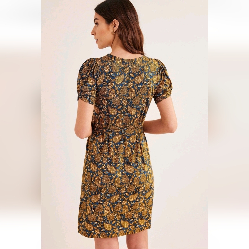 Boden Blue Mustard Yellow Paisley Belted Poof Sleeve Mini Dress Women's Size 4 - Picture 2 of 13
